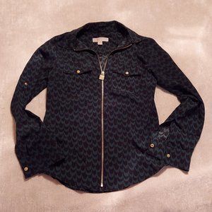 Size XS Michael Kors Zip-Up Business Blouse Top Roll-Up Snap Sleeves Green Black